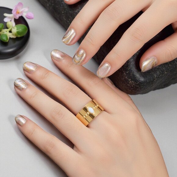 🆕 Boho Chic Wide Band Ring 18K Gold Plated Stainless Steel Natural Shell - Picture 9 of 12